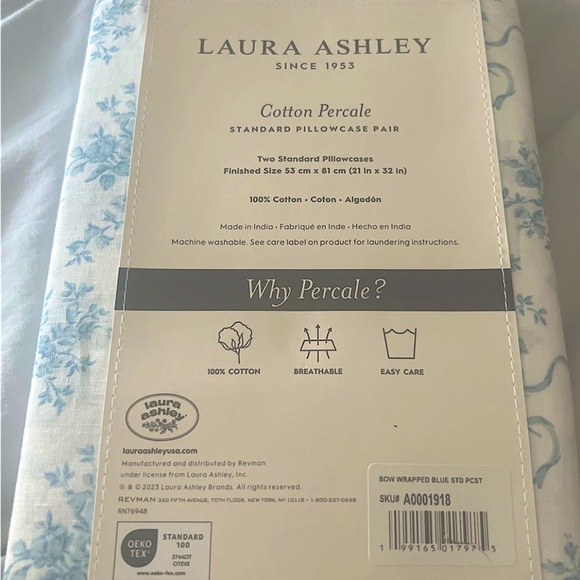 Laura Ashley Standard Pair Cotton Percale Pillowcases Bow Wrapped Blue Floral - Picture 2 of 2